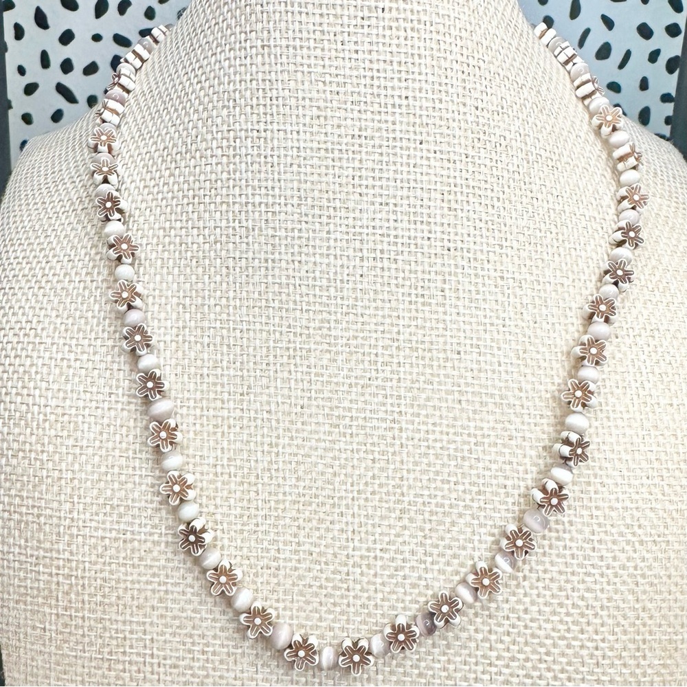 Vintage Flower and Cats Eye Beaded 17” Necklace